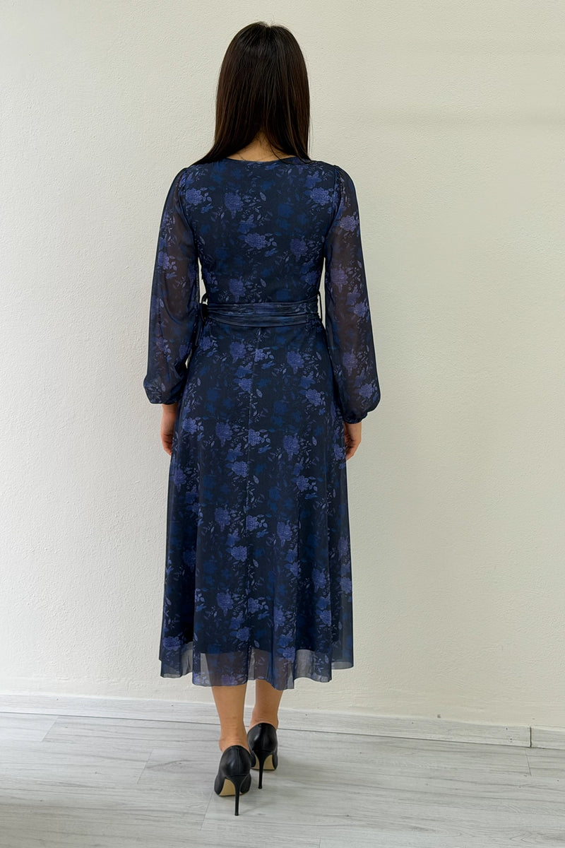 Kadın Mavi V yaka Kuşaklı Batik Desen Tül Midi Boy Büyük Beden Elbise