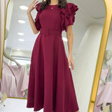 Bordo Omuz Fırfır Detaylı Kemerli Midi Boy Elbise