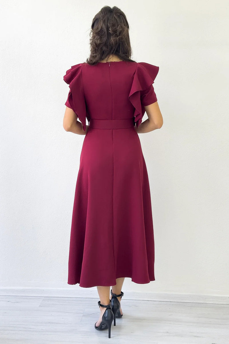 Bordo Omuz Fırfır Detaylı Kemerli Midi Boy Elbise