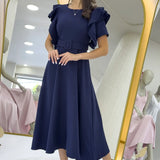 Lacivert Omuz Fırfır Detaylı Kemerli Midi Boy Elbise