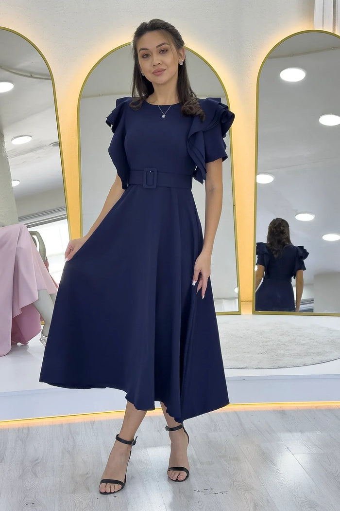 Lacivert Omuz Fırfır Detaylı Kemerli Midi Boy Elbise