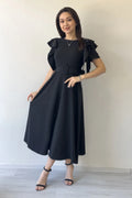 Siyah Omuz Fırfır Detaylı Kemerli Midi Boy Elbise