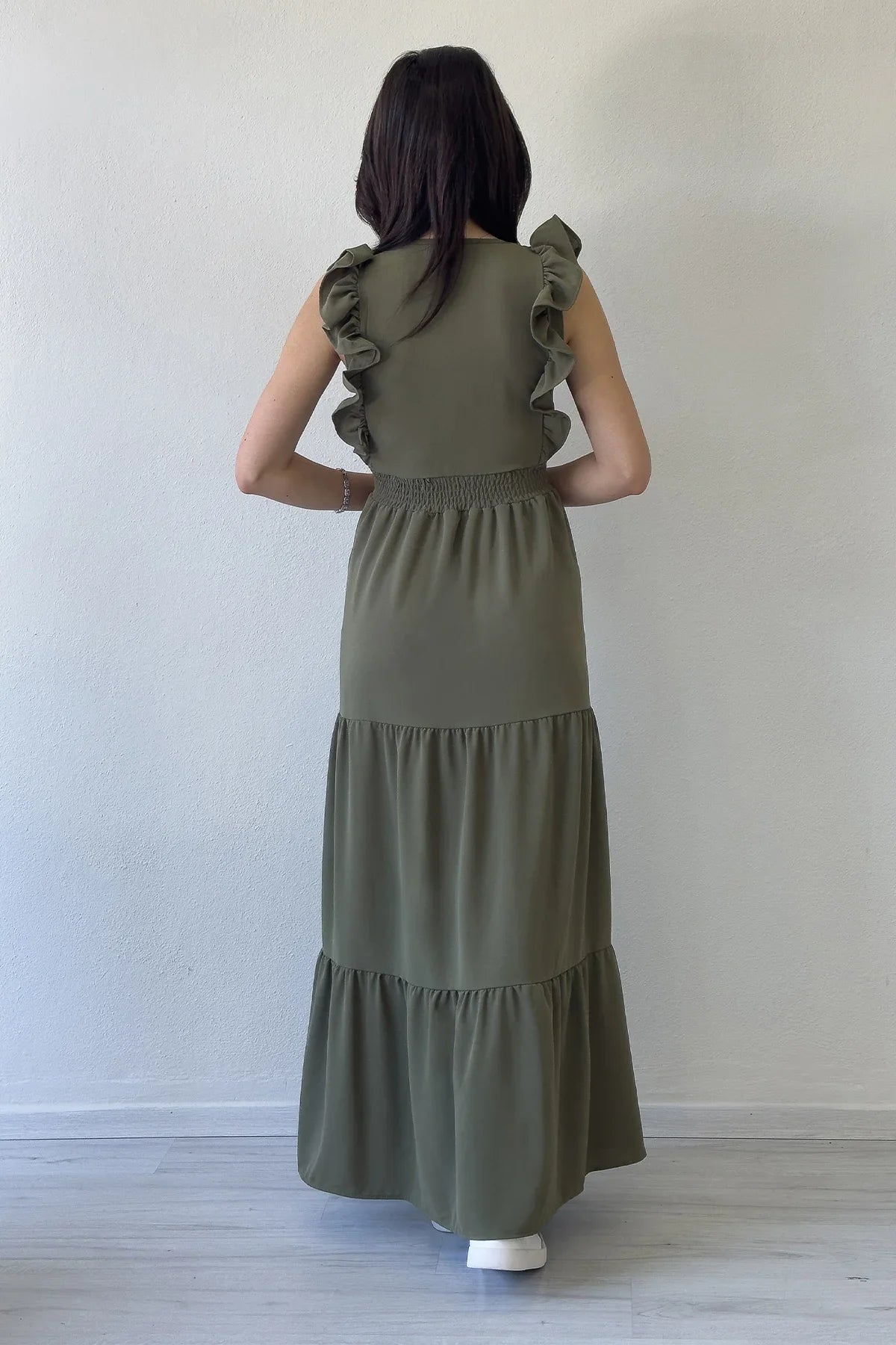 Kadın Haki Fırfır Kol Toka Detaylı Yırtmaçlı Yazlık Elbise