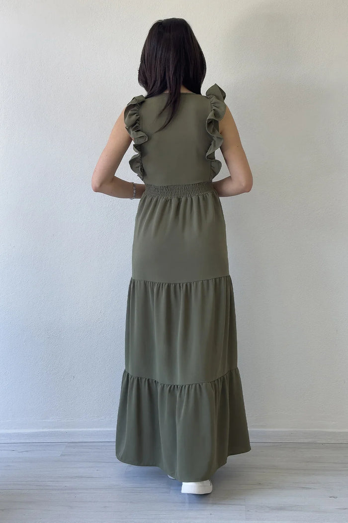 Kadın Haki Fırfır Kol Toka Detaylı Yırtmaçlı Yazlık Elbise