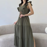 Kadın Haki Fırfır Kol Toka Detaylı Yırtmaçlı Yazlık Elbise