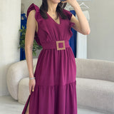 Kadın Mürdüm Fırfır Kol Toka Detaylı Yırtmaçlı Yazlık Elbise