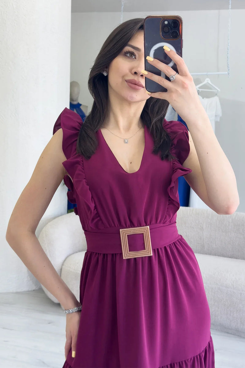 Kadın Mürdüm Fırfır Kol Toka Detaylı Yırtmaçlı Yazlık Elbise