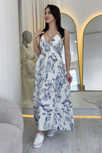 Beyaz Askılı Desenli Midi Boy Yazlık Elbise 