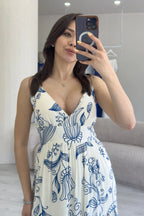 Beyaz Askılı Desenli Midi Boy Yazlık Elbise 