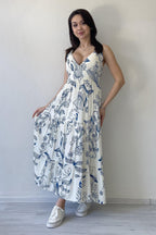 Beyaz Askılı Desenli Midi Boy Yazlık Elbise 