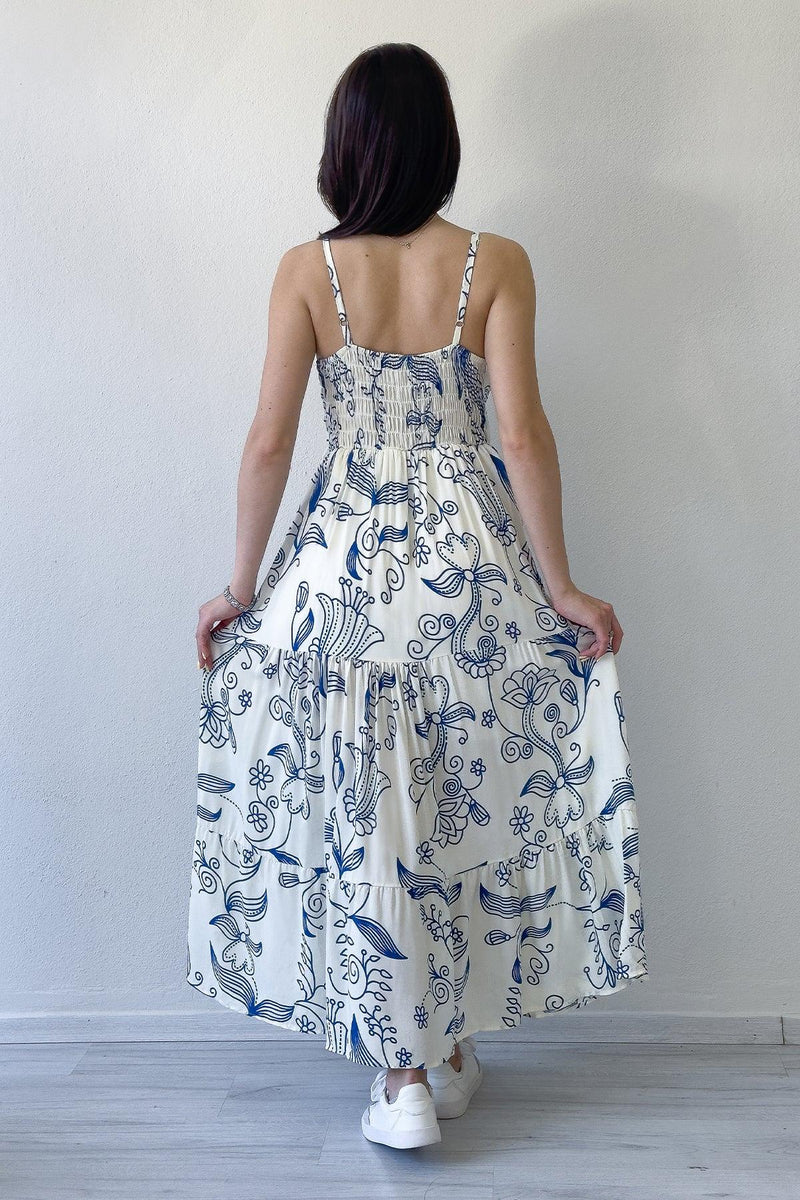 Beyaz Askılı Desenli Midi Boy Yazlık Elbise 