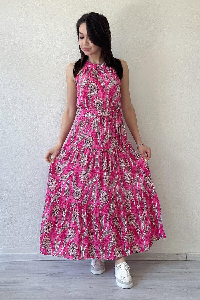Kadın Fuşya Etnik Desenli Halter Yaka Yazlık Elbise