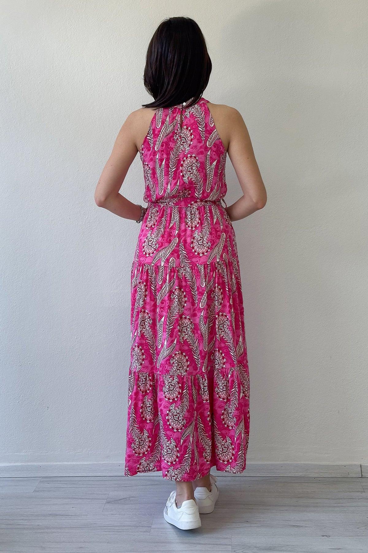 Kadın Fuşya Etnik Desenli Halter Yaka Yazlık Elbise