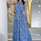 Kadın Mavi Etnik Desenli Halter Yaka Yazlık Elbise