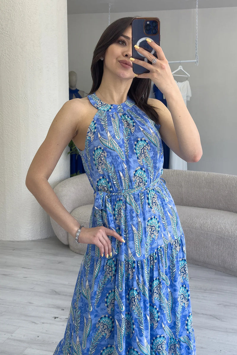 Kadın Mavi Etnik Desenli Halter Yaka Yazlık Elbise
