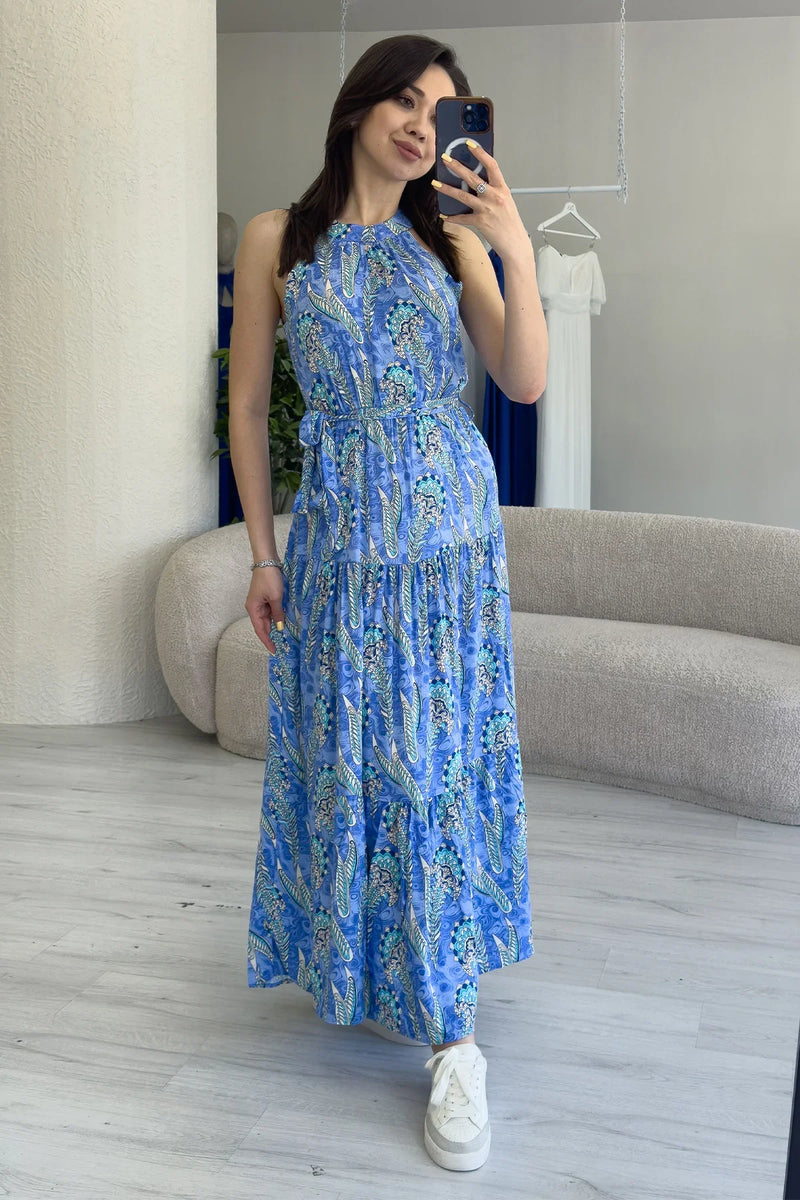 Kadın Mavi Etnik Desenli Halter Yaka Yazlık Elbise