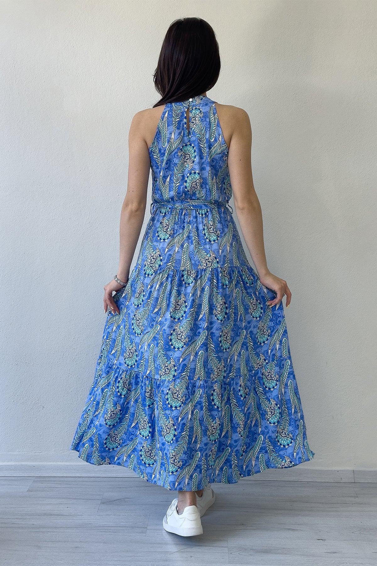 Kadın Mavi Etnik Desenli Halter Yaka Yazlık Elbise