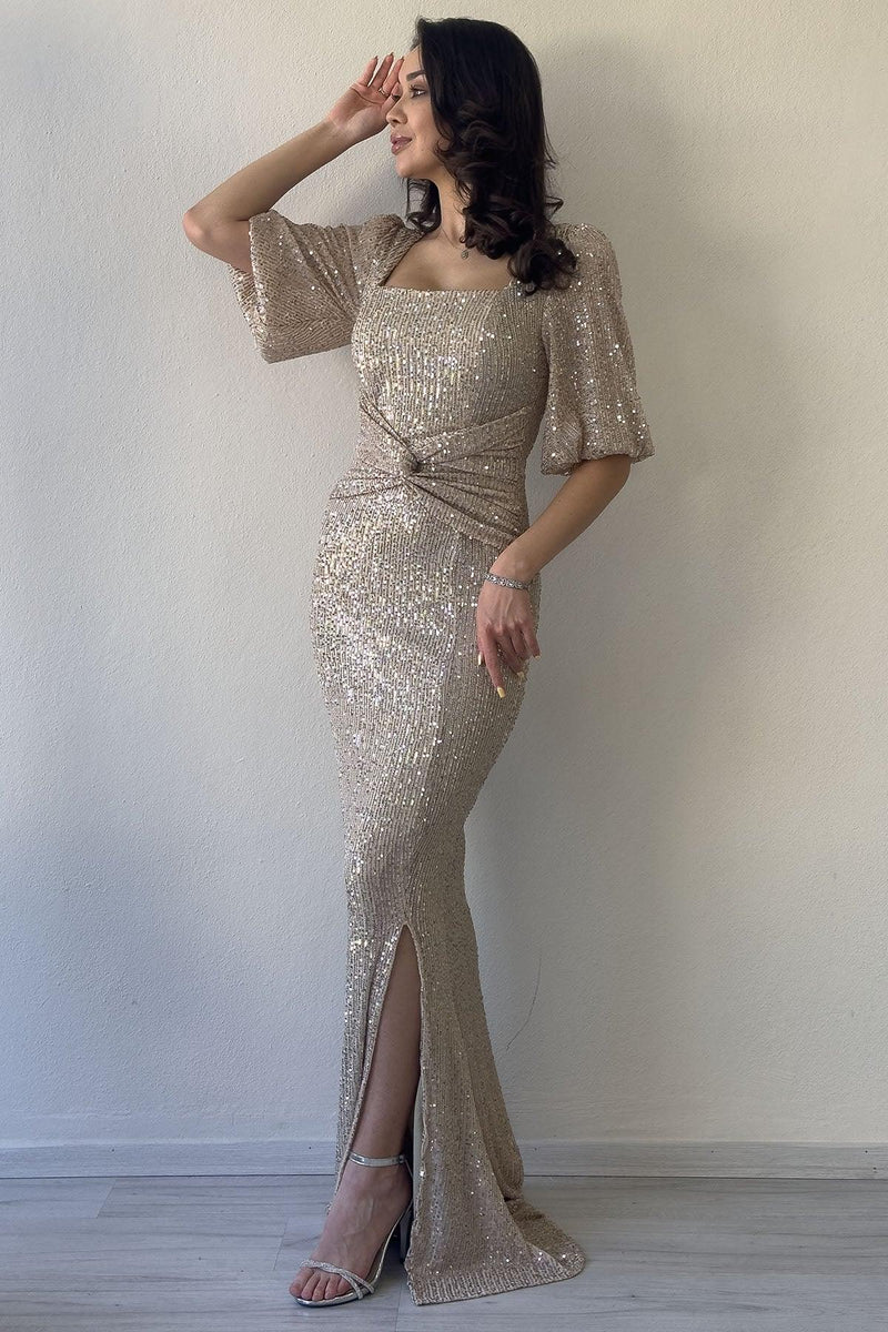 Bej Pul Payet Ön Büzgülü Balon Kol Yırtmaçlı Büyük Beden Abiye Elbise