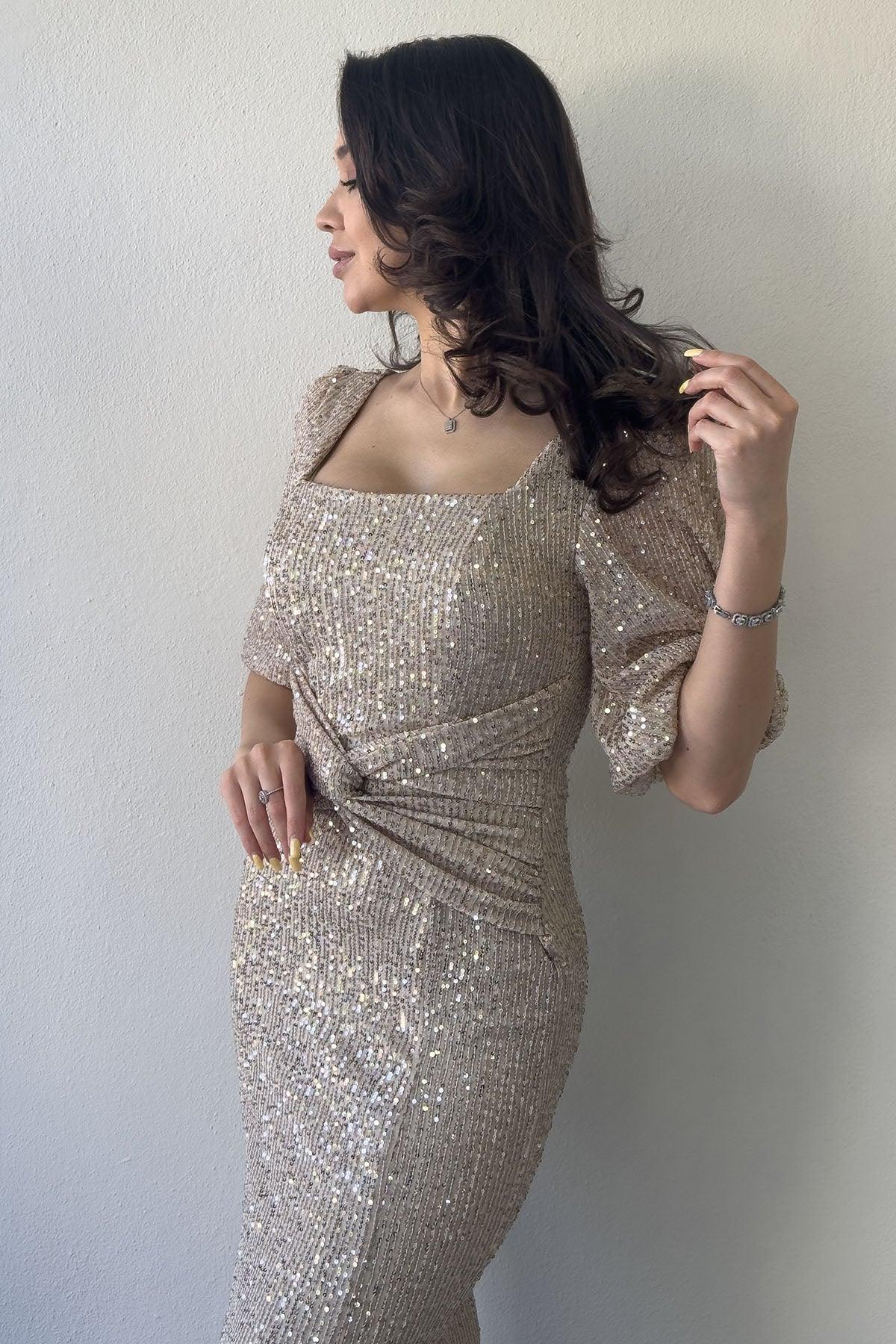 Bej Pul Payet Ön Büzgülü Balon Kol Yırtmaçlı Büyük Beden Abiye Elbise