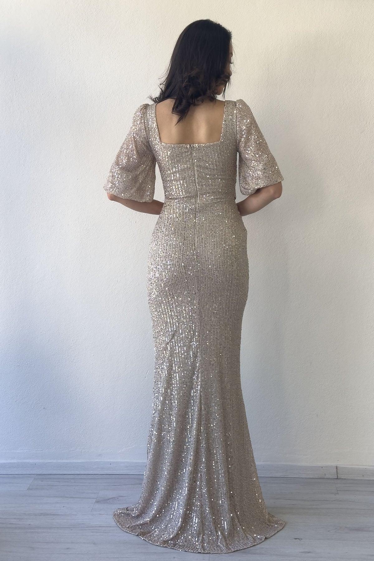 Bej Pul Payet Ön Büzgülü Balon Kol Yırtmaçlı Büyük Beden Abiye Elbise