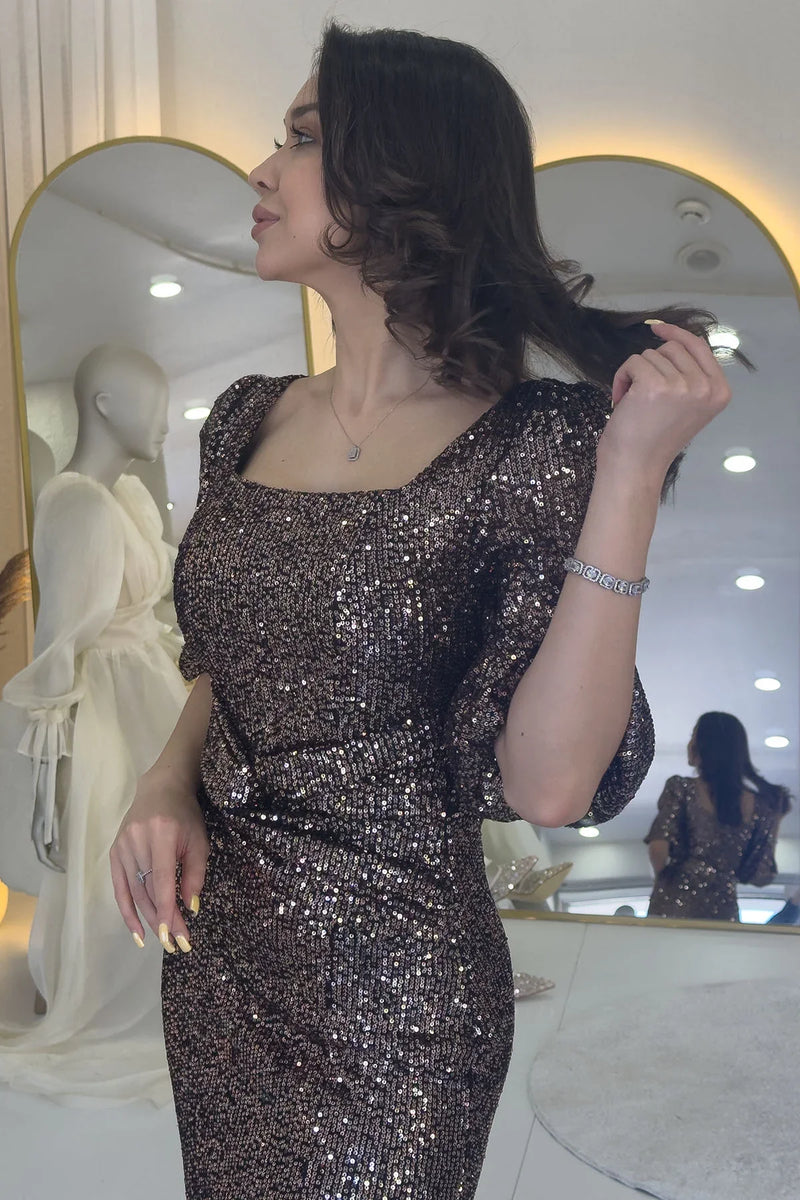 Vizon Pul Payet Ön Büzgülü Balon Kol Yırtmaçlı Büyük Beden Abiye Elbise