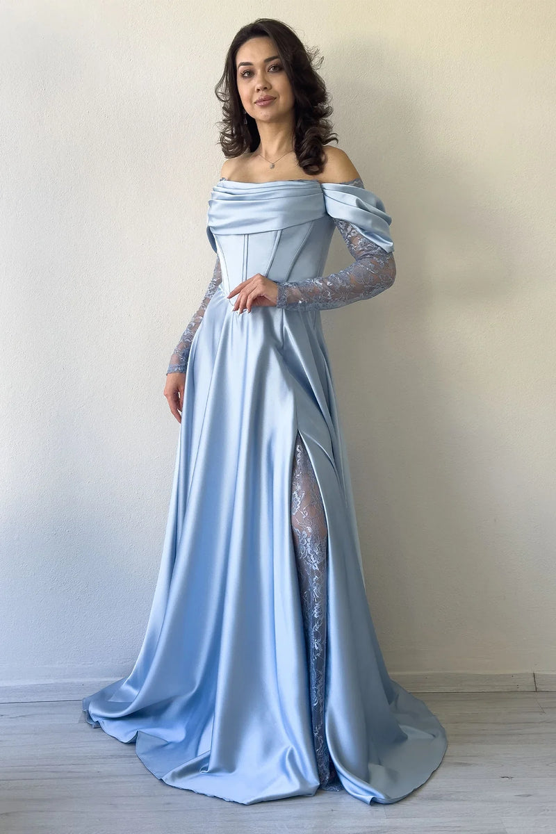 Bebe Mavi Kayık Yaka Dantel Detaylı Düşük Omuz Saten Abiye Elbise