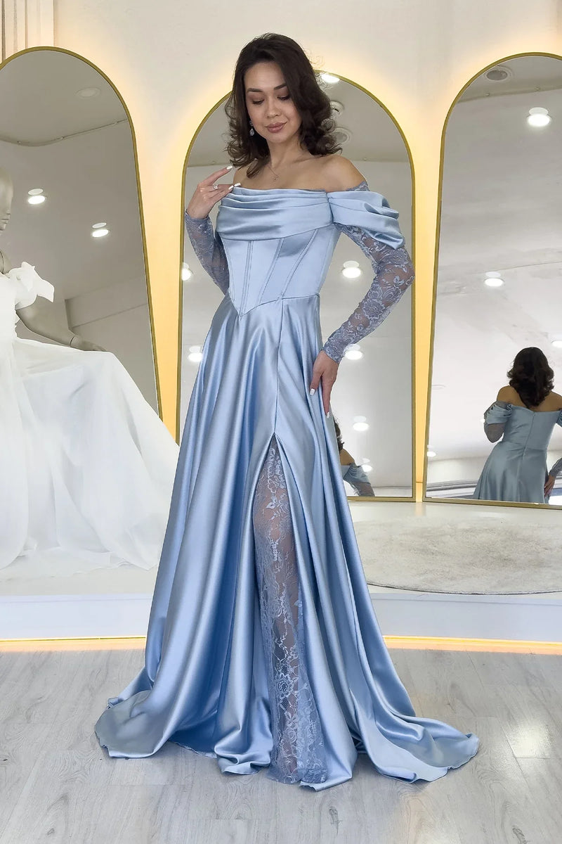 Bebe Mavi Kayık Yaka Dantel Detaylı Düşük Omuz Saten Abiye Elbise