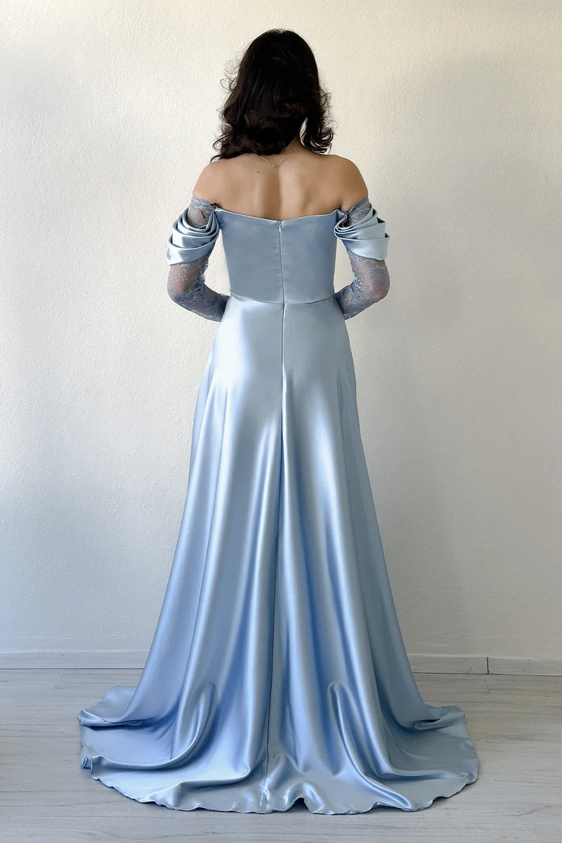 Bebe Mavi Kayık Yaka Dantel Detaylı Düşük Omuz Saten Abiye Elbise