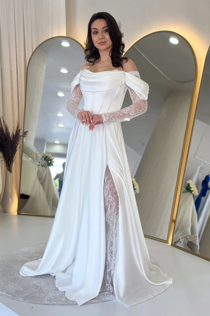 Beyaz Kayık Yaka Dantel Detaylı Düşük Omuz Saten Nikah Abiye Elbise 