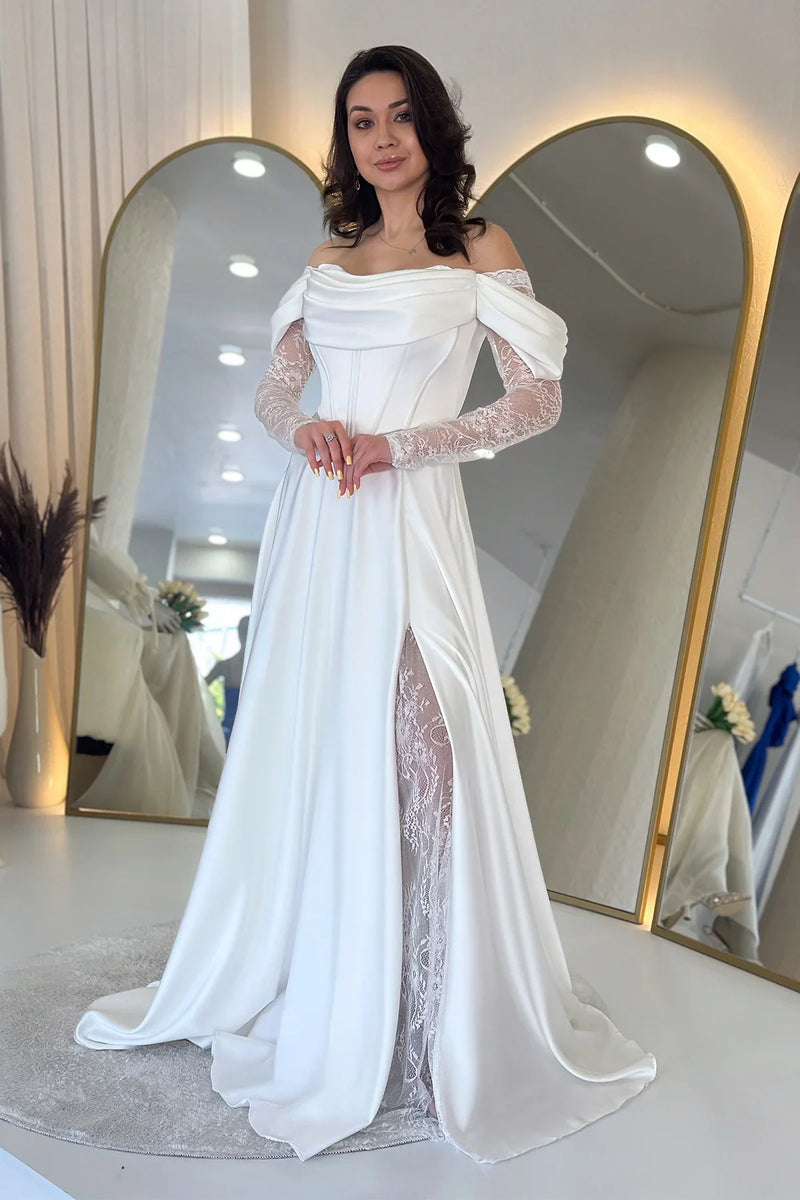 Beyaz Kayık Yaka Dantel Detaylı Düşük Omuz Saten Nikah Abiye Elbise 