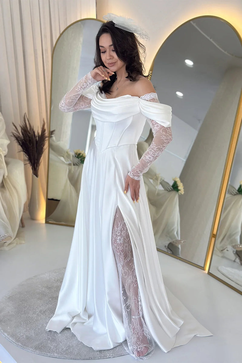 Beyaz Kayık Yaka Dantel Detaylı Düşük Omuz Saten Nikah Abiye Elbise
