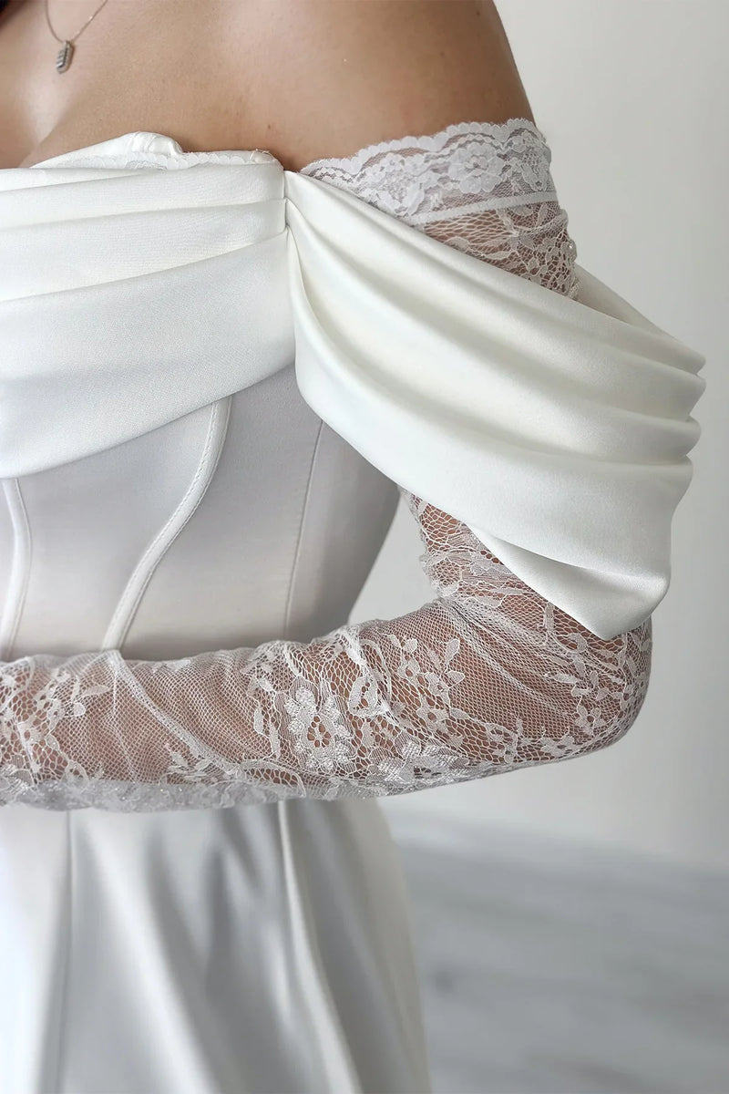 Beyaz Kayık Yaka Dantel Detaylı Düşük Omuz Saten Nikah Abiye Elbise 