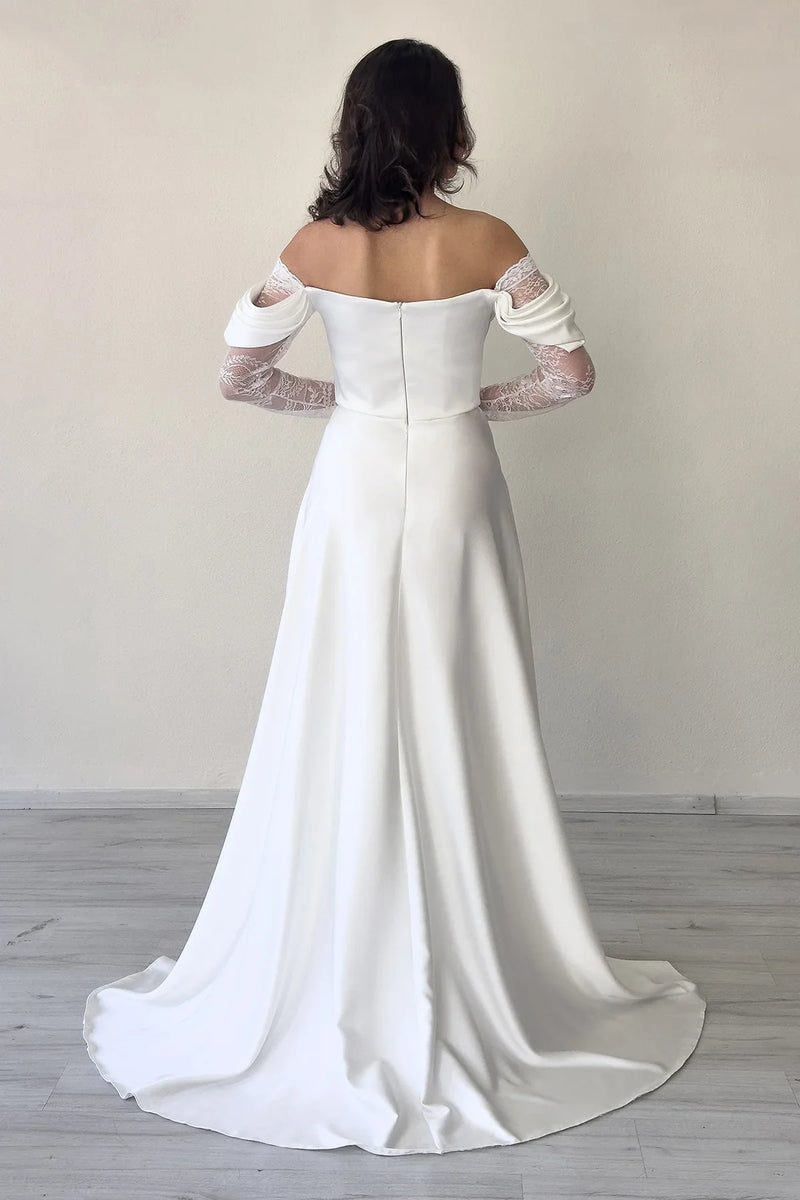 Beyaz Kayık Yaka Dantel Detaylı Düşük Omuz Saten Nikah Abiye Elbise 