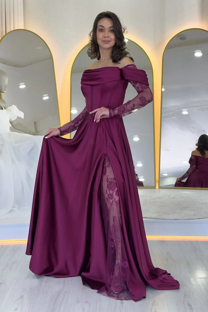 Mürdüm Kayık Yaka Dantel Detaylı Düşük Omuz Saten Abiye Elbise