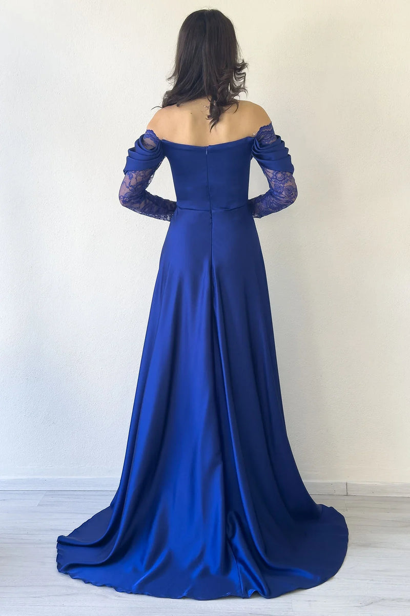 Saks Mavi  Kayık Yaka Dantel Detaylı Düşük Omuz Saten Abiye Elbise