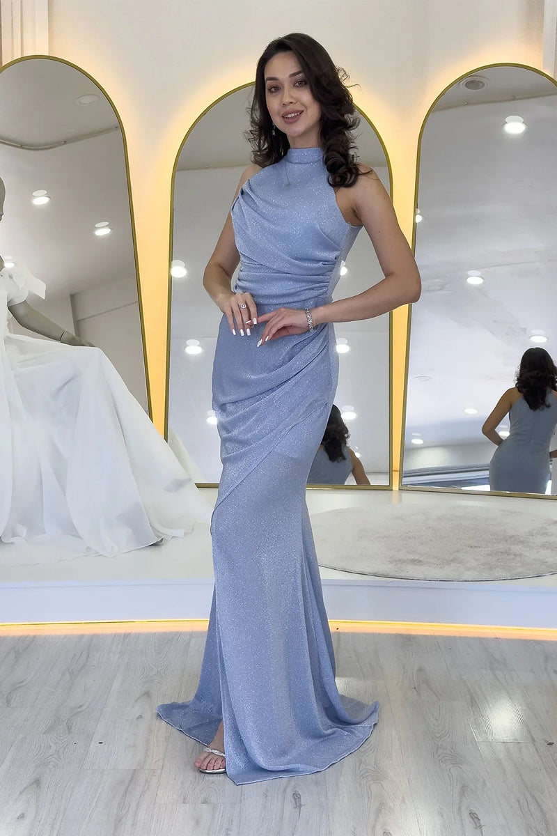 Bebe Mavisi Halter Yaka Simli Drapeli Yırtmaçlı Abiye Elbise 