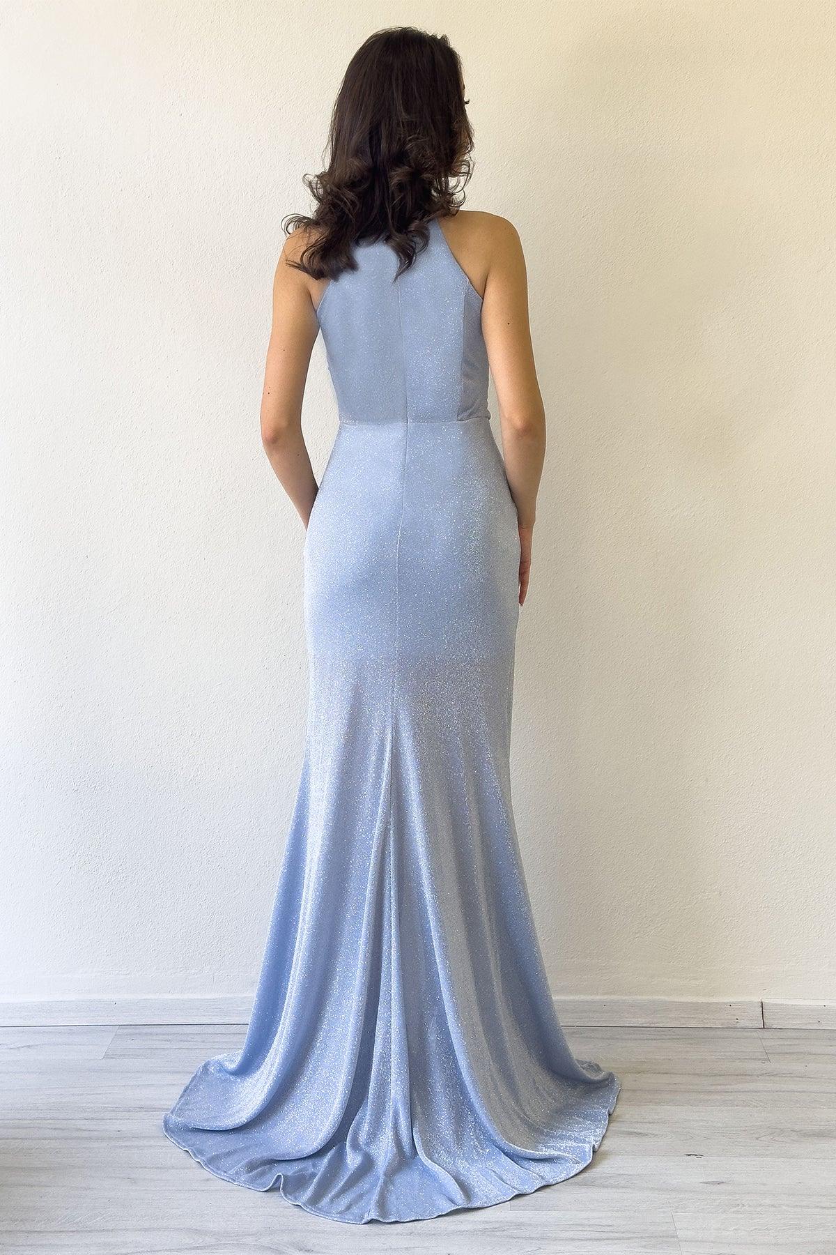 Bebe Mavisi Halter Yaka Simli Drapeli Yırtmaçlı Abiye Elbise 