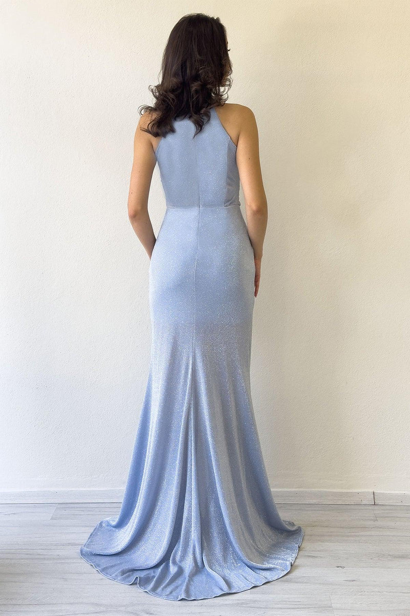 Bebe Mavisi Halter Yaka Simli Drapeli Yırtmaçlı Abiye Elbise 