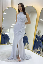 Gri Halter Yaka Simli Drapeli Yırtmaçlı Abiye Elbise