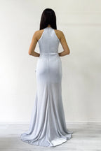 Gri Halter Yaka Simli Drapeli Yırtmaçlı Abiye Elbise