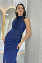 Lacivert Halter Yaka Simli Drapeli Yırtmaçlı Abiye Elbise