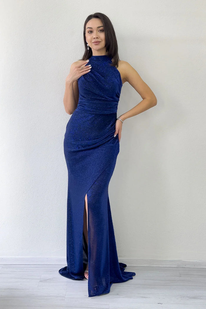 Lacivert Halter Yaka Simli Drapeli Yırtmaçlı Abiye Elbise