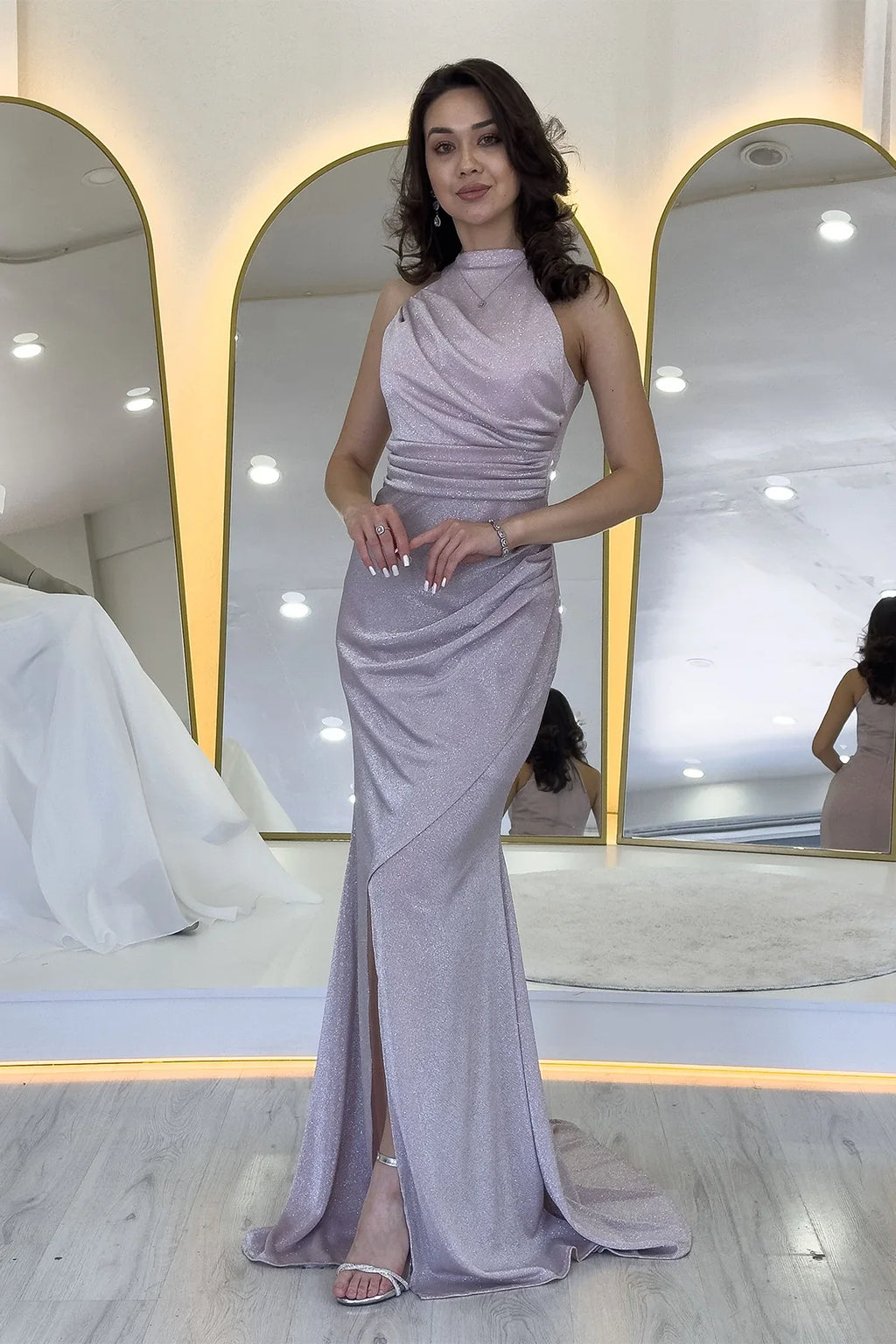 Pudra Halter Yaka Simli Drapeli Yırtmaçlı Abiye Elbise