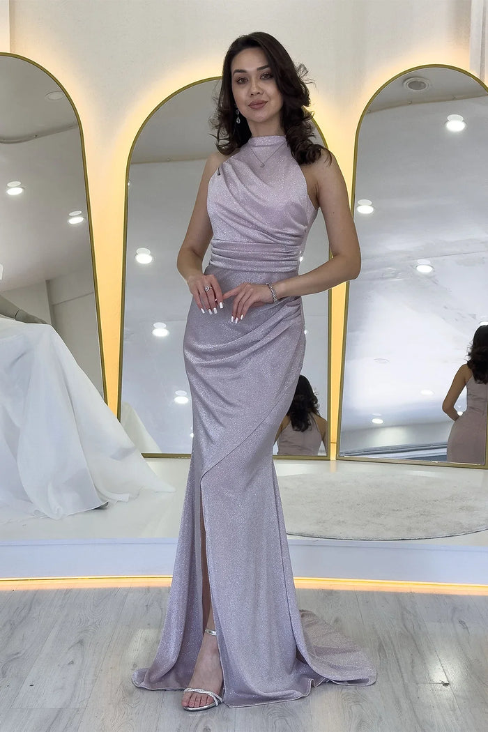 Pudra Halter Yaka Simli Drapeli Yırtmaçlı Abiye Elbise