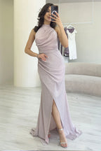 Pudra Halter Yaka Simli Drapeli Yırtmaçlı Abiye Elbise