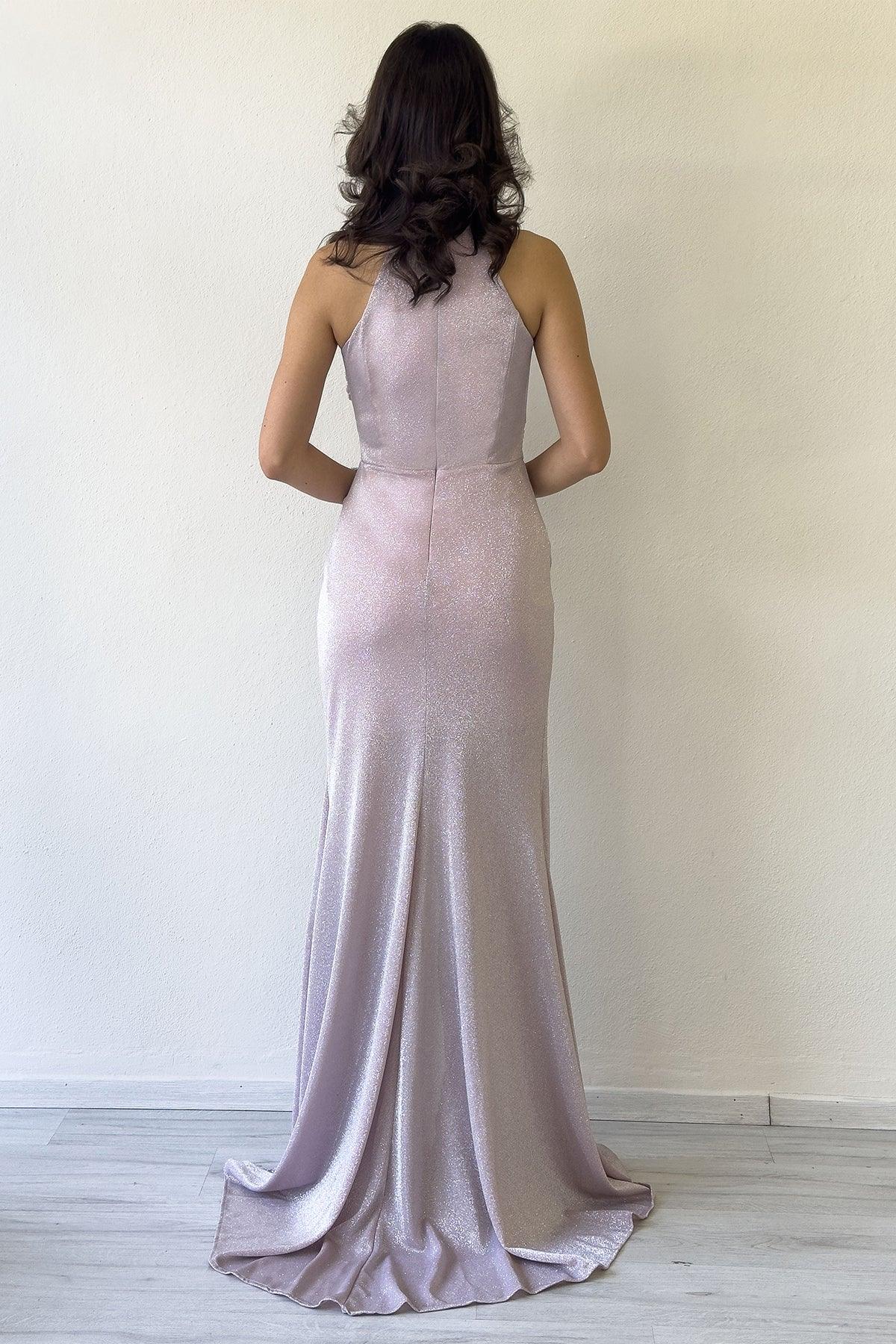 Pudra Halter Yaka Simli Drapeli Yırtmaçlı Abiye Elbise