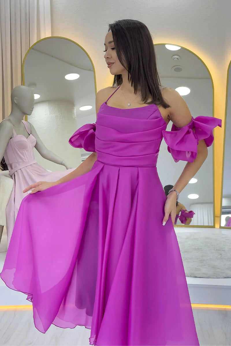 Fuşya Drapeli Boyundan Bağlamalı Fiyonk Kol Detay Kısa Abiye Elbise 