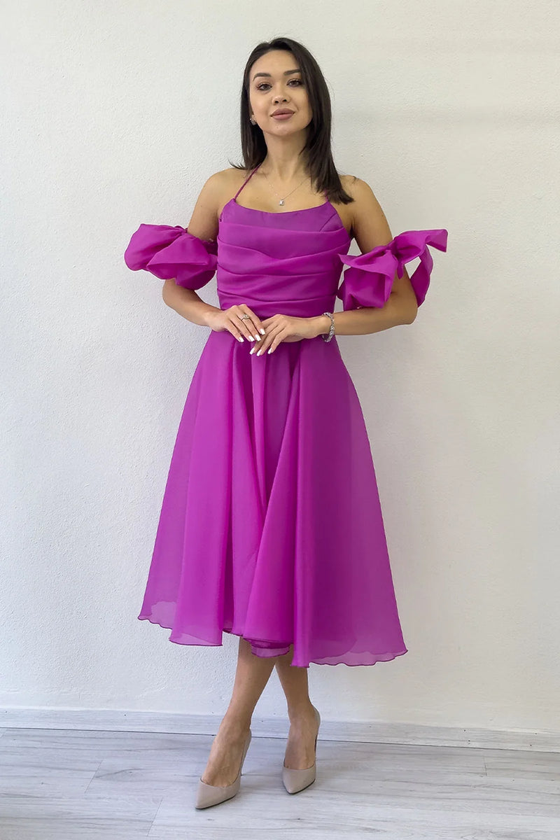 Fuşya Drapeli Boyundan Bağlamalı Fiyonk Kol Detay Kısa Abiye Elbise 