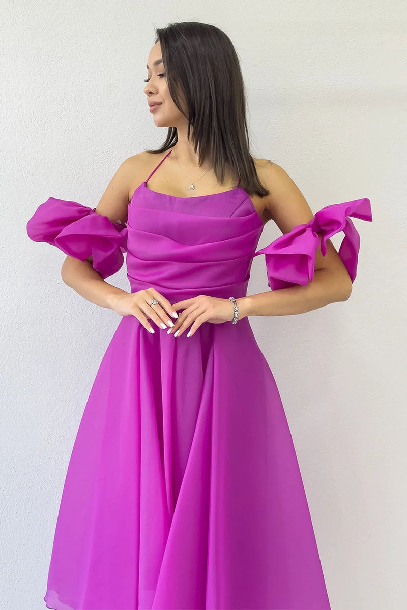 Fuşya Drapeli Boyundan Bağlamalı Fiyonk Kol Detay Kısa Abiye Elbise 