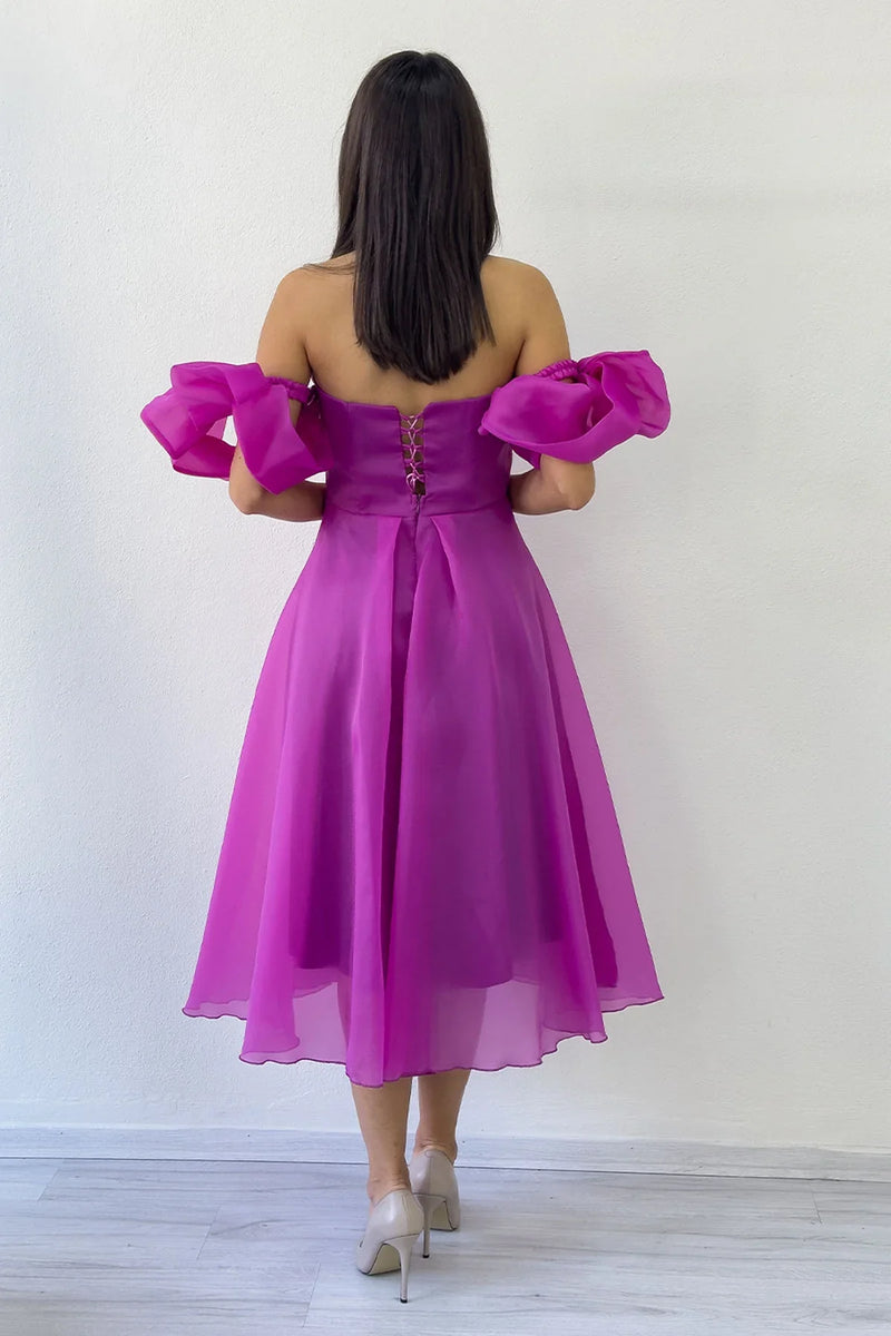 Fuşya Drapeli Boyundan Bağlamalı Fiyonk Kol Detay Kısa Abiye Elbise 